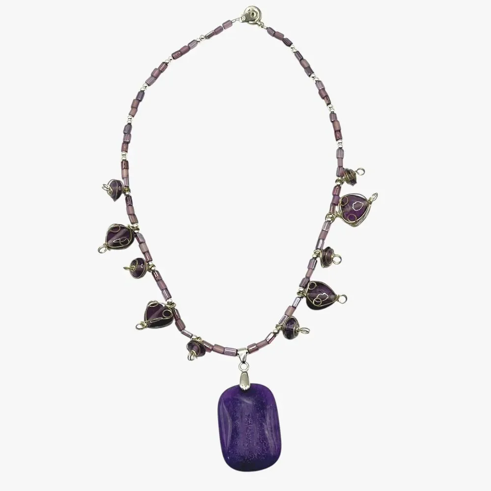 Handmade Purple Cabochon Pendant Necklace Wire Wrapped Glass Bead Dangle Charms
